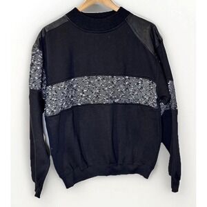 VTG 80's Leather Trim Double Collar Crewneck Abstract Sweater Sweatshirt Sz M/L‎